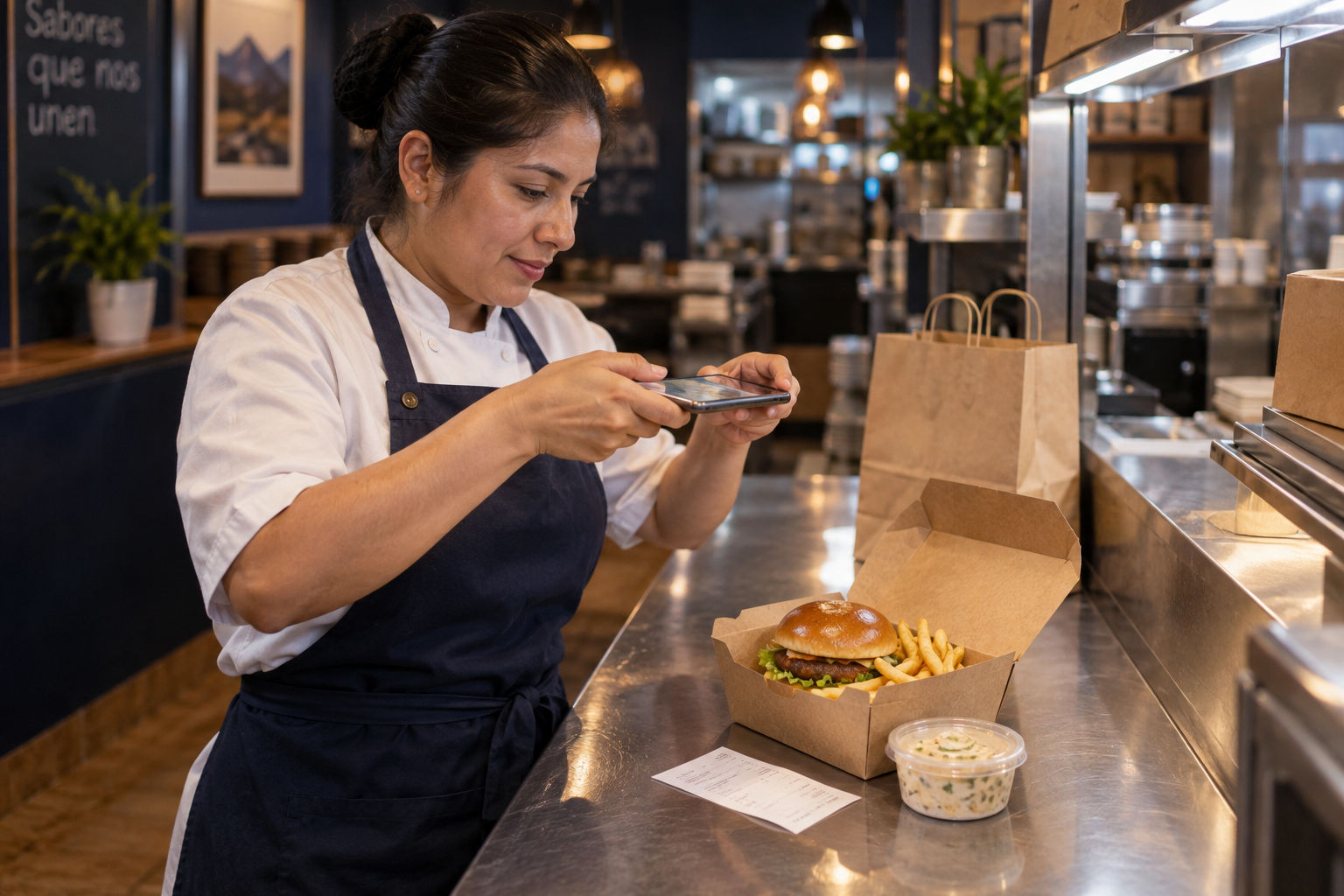 Trabajadora de un restaurante fotografiando con su celular un pedido de delivery junto a su ticket antes del despacho